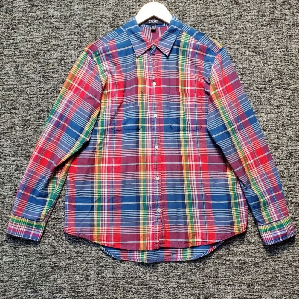 Chaps Denim Plaid Button Down Shirt Mens Large L Long Sleeve Cotton Multicolor